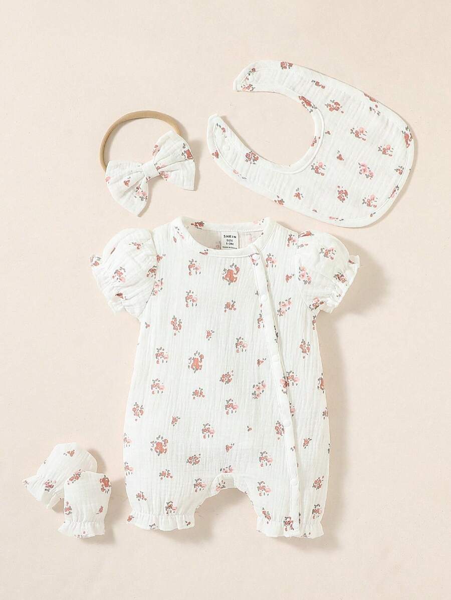 4pcs Baby Girls Ditsy Floral Muslin Romper Set - Ivory | 21 Century...