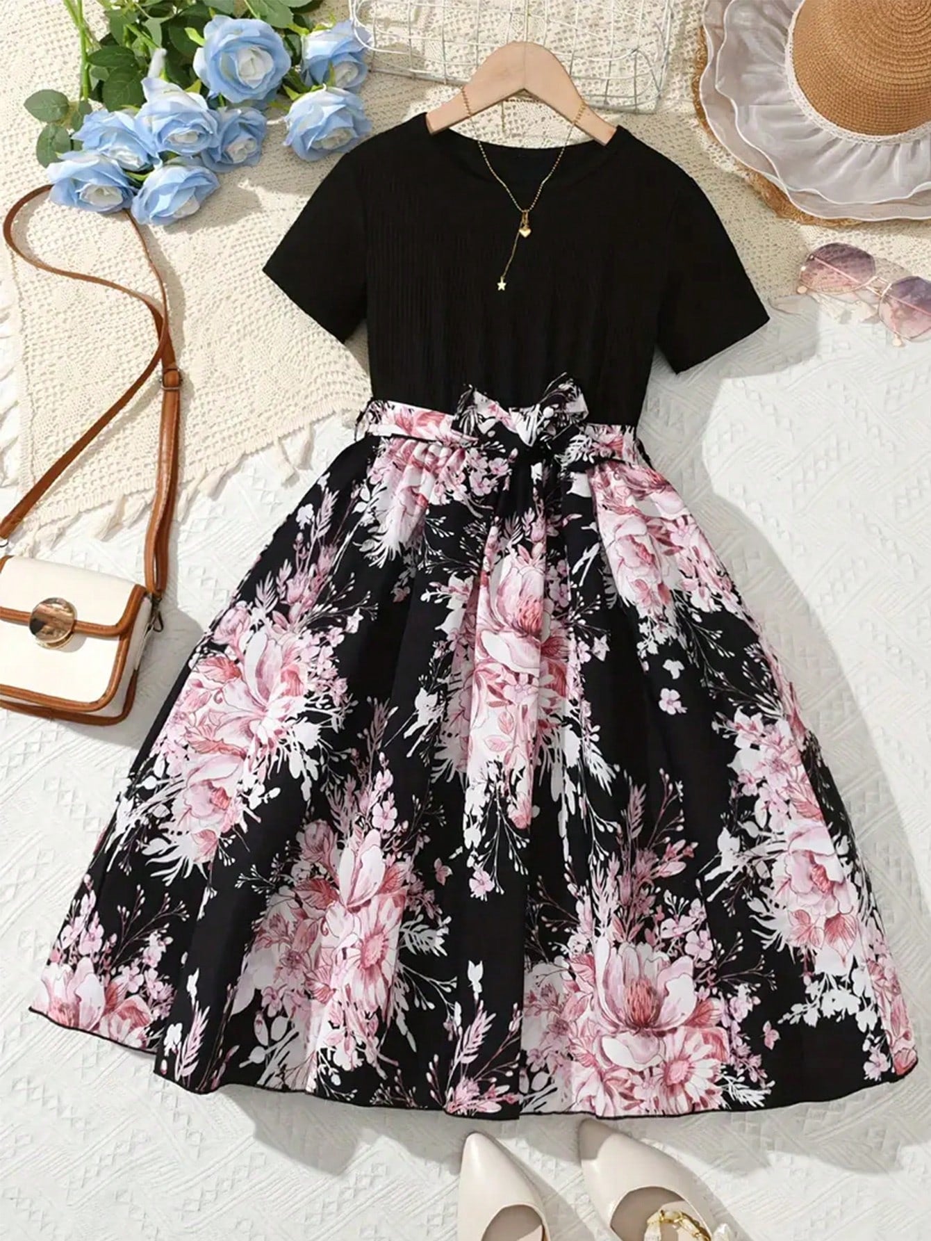 Big Girls Floral Print Belted A-Line Midi Dress - Onyx | 21 Century...