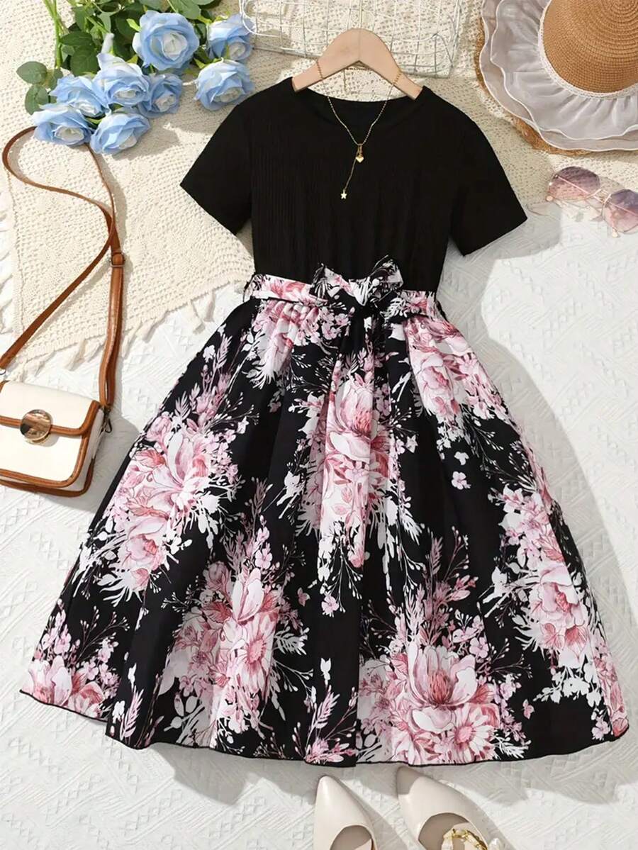 Big Girls Floral Print Belted A-Line Midi Dress - Onyx | 21 Century...
