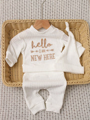 3pcs Baby Boys 'Hello I Am New Here' Embroidered Waffle Knit Set - ...