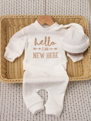 3pcs Baby Boys 'Hello I Am New Here' Embroidered Waffle Knit Set - ...