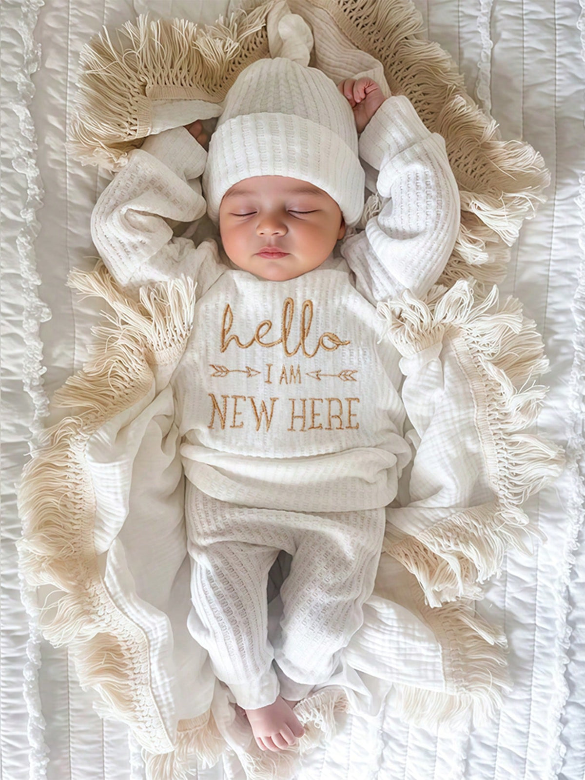 3pcs Baby Boys 'Hello I Am New Here' Embroidered Waffle Knit Set - ...