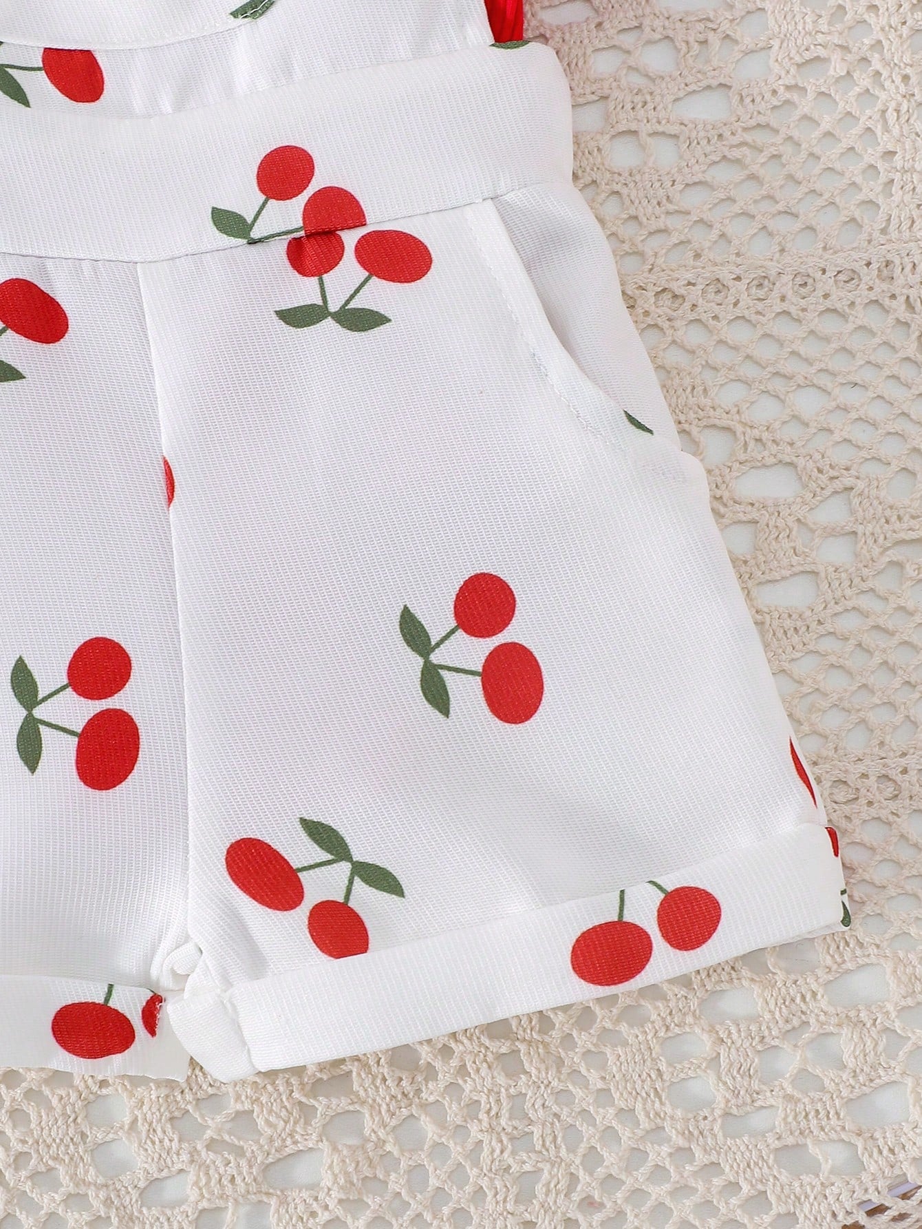 2pcs Girls Ribbed Ruffle Bodysuit & Cherry Dungaree Set - Ivory