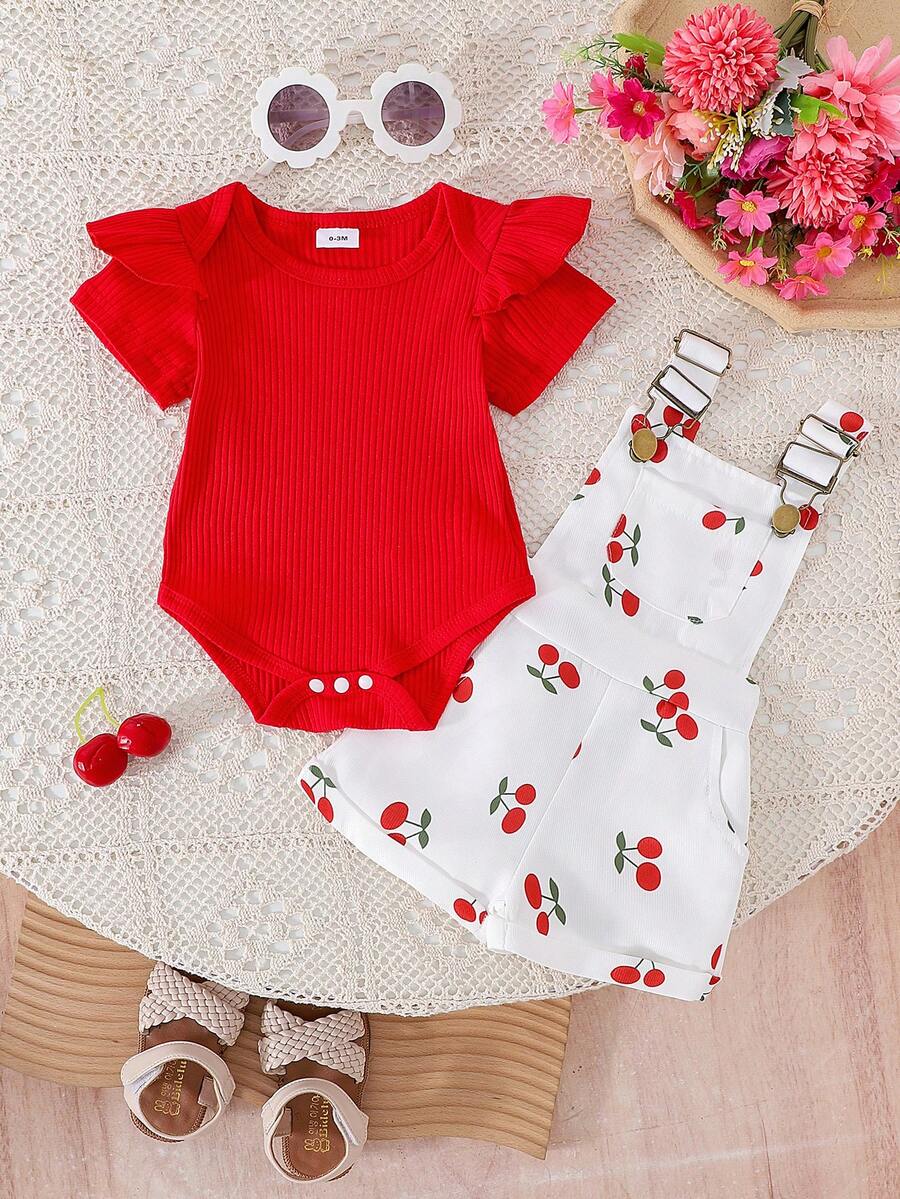 2pcs Girls Ribbed Ruffle Bodysuit & Cherry Dungaree Set - Ivory