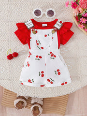 2pcs Girls Ribbed Ruffle Bodysuit & Cherry Dungaree Set - Ivory