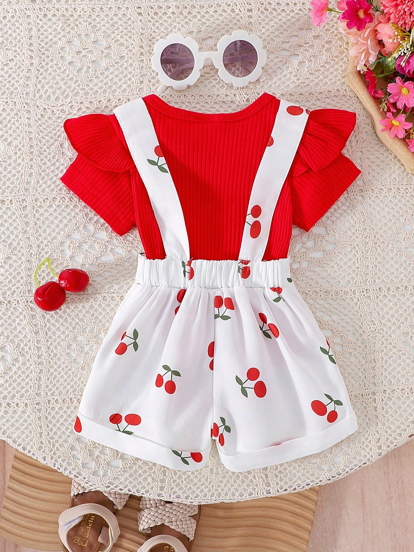 2pcs Girls Ribbed Ruffle Bodysuit & Cherry Dungaree Set - Ivory