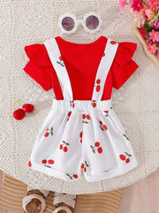 2pcs Girls Ribbed Ruffle Bodysuit & Cherry Dungaree Set - Ivory