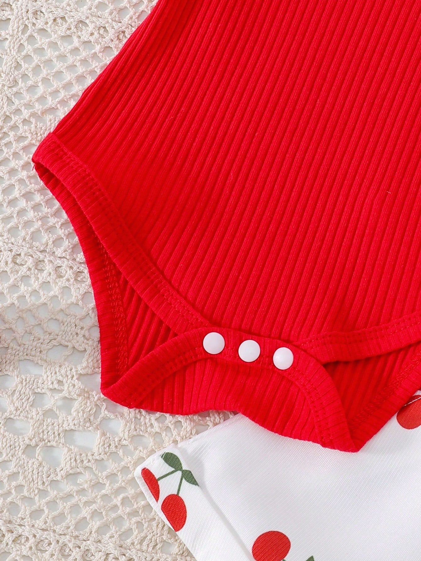 2pcs Girls Ribbed Ruffle Bodysuit & Cherry Dungaree Set - Ivory