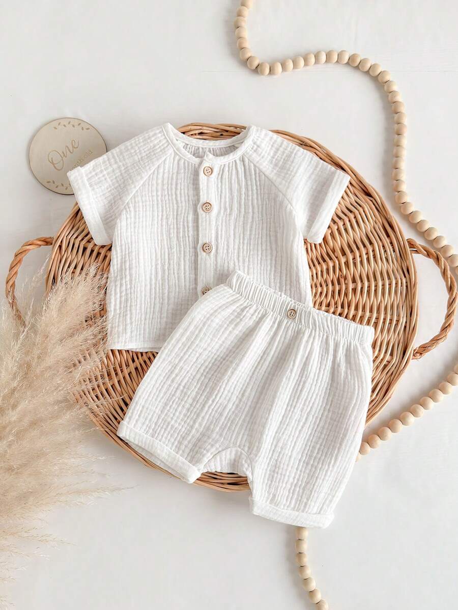 Baby Boys Muslin Raglan Shirt & Shorts Set - Ivory