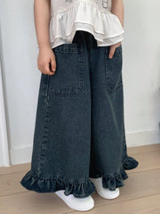 Little Girls Ruffle Hem Wide-Leg Denim Trousers - Slate | 21 Centur...