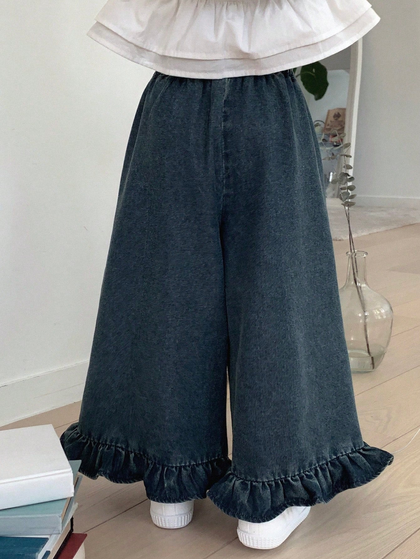Little Girls Ruffle Hem Wide-Leg Denim Trousers - Slate | 21 Centur...