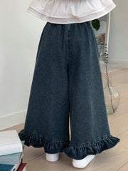 Little Girls Ruffle Hem Wide-Leg Denim Trousers - Slate | 21 Centur...
