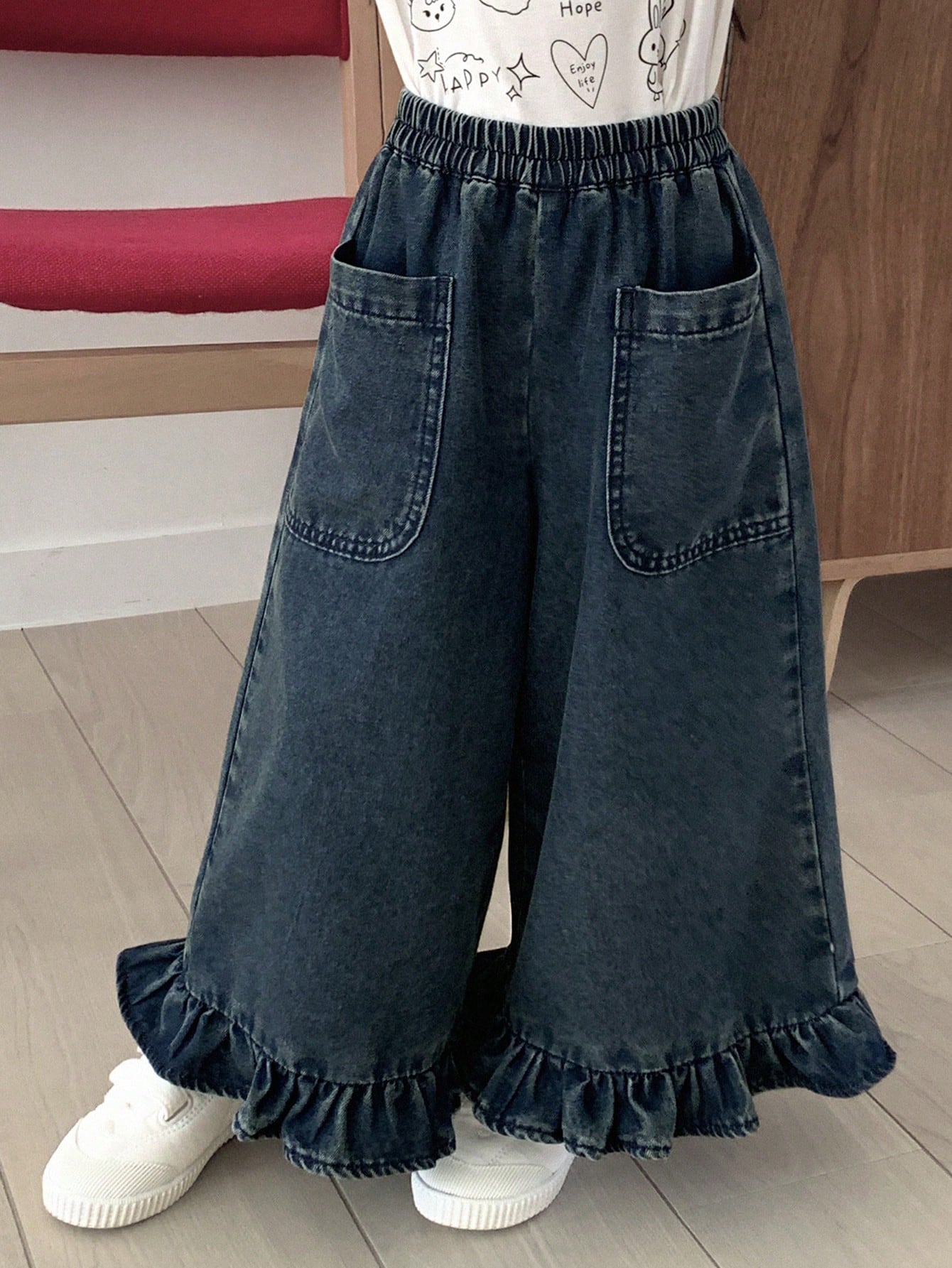 Little Girls Ruffle Hem Wide-Leg Denim Trousers - Slate | 21 Centur...