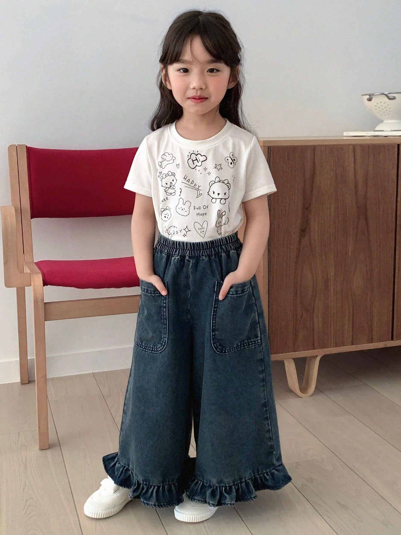 Little Girls Ruffle Hem Wide-Leg Denim Trousers - Slate | 21 Centur...