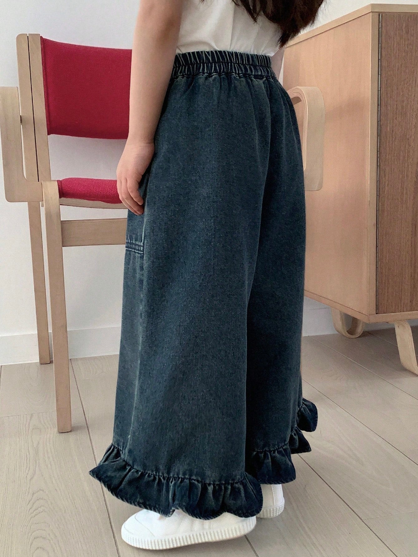 Little Girls Ruffle Hem Wide-Leg Denim Trousers - Slate | 21 Centur...