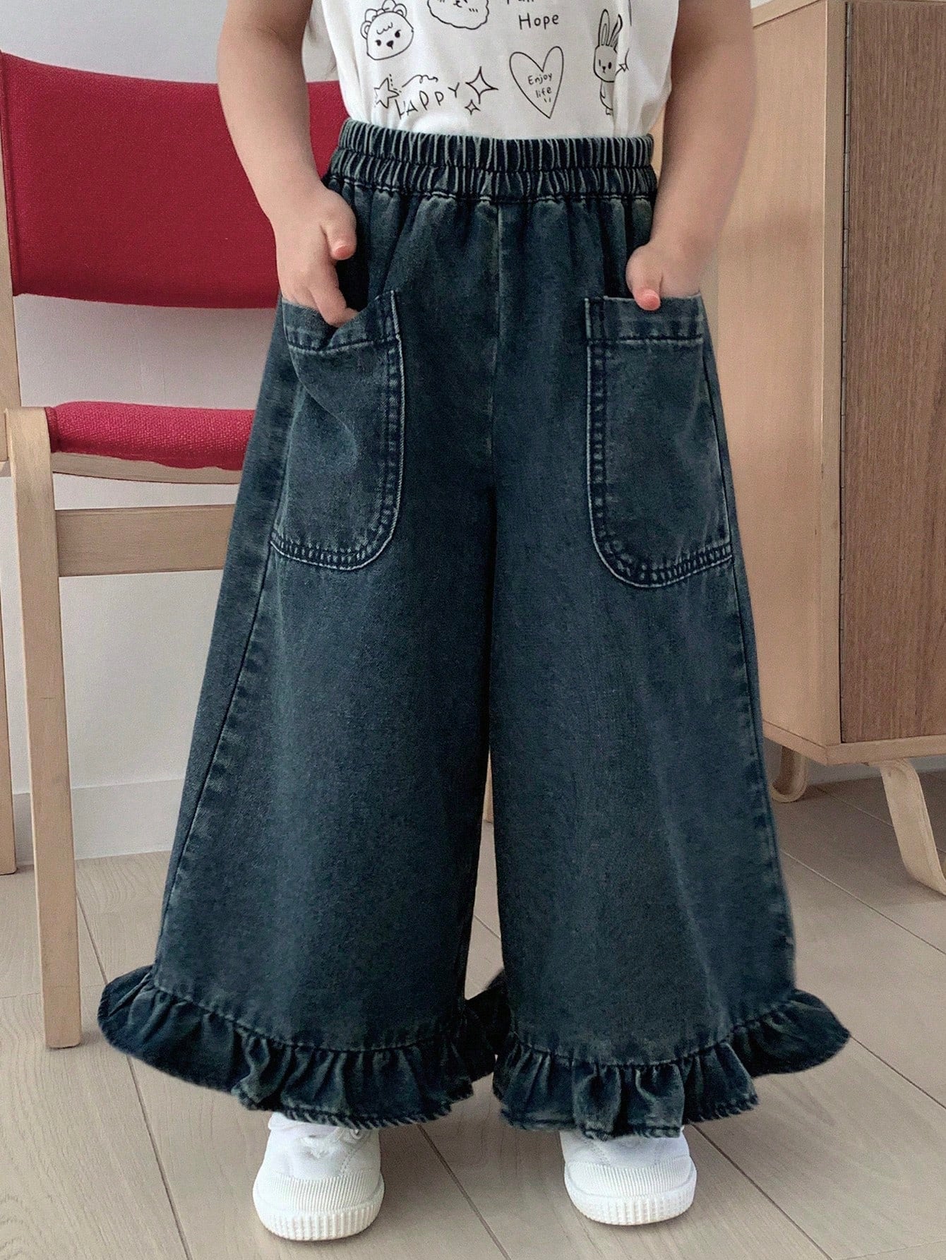 Little Girls Ruffle Hem Wide-Leg Denim Trousers - Slate | 21 Centur...