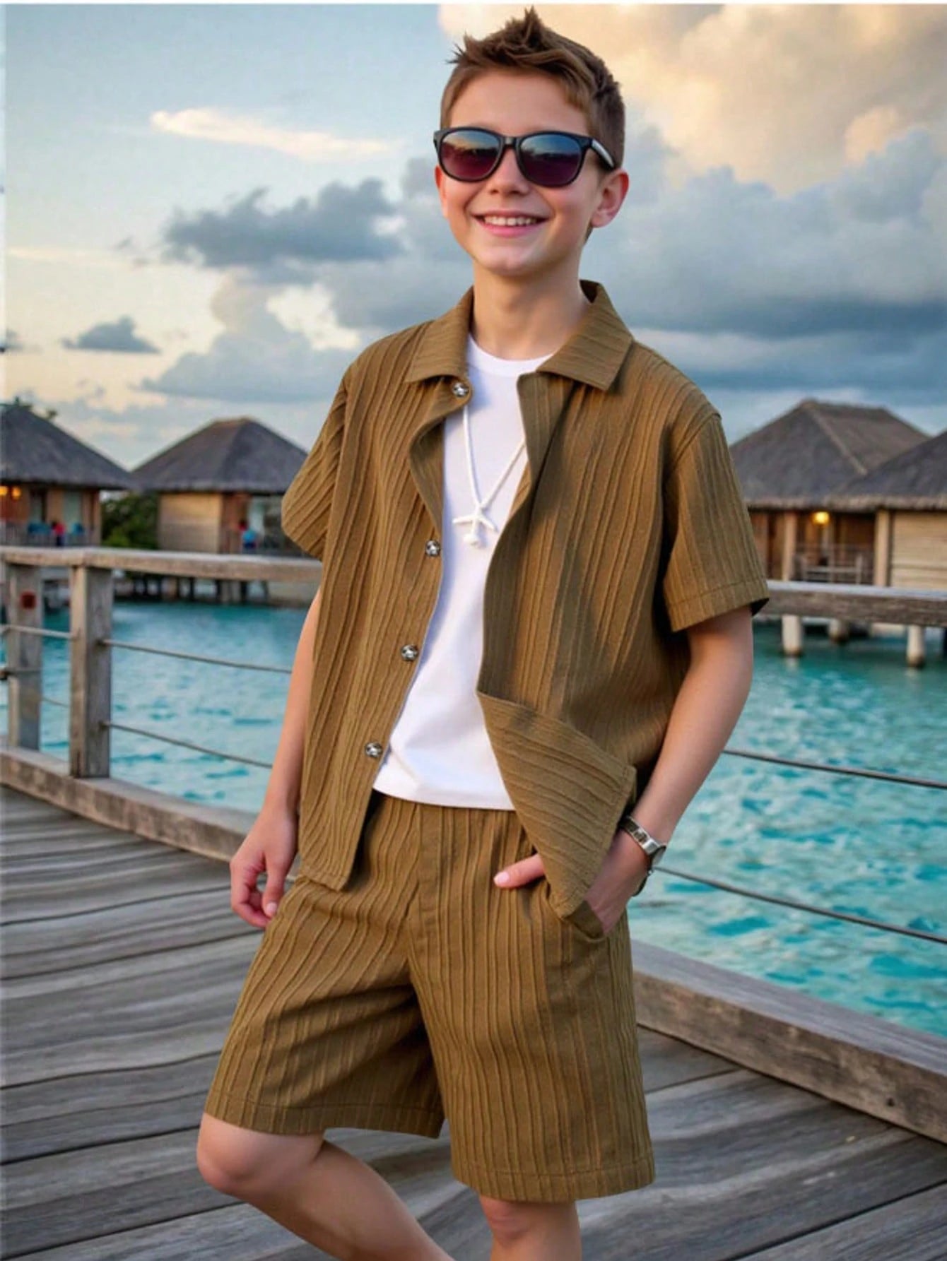 2pcs Boys Textured Shirt & Shorts Co-ord Set - Khaki | 21 Century Kids