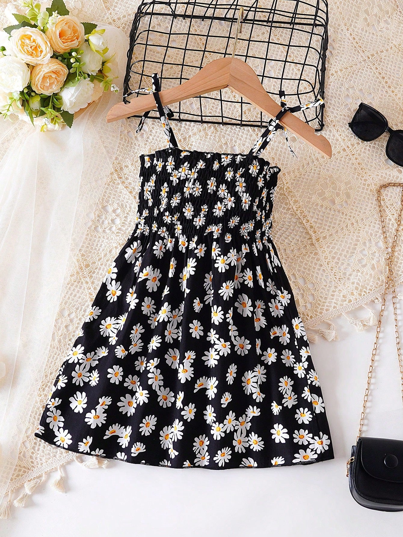Girls Daisy Print Shirred Cami Sundress - Onyx