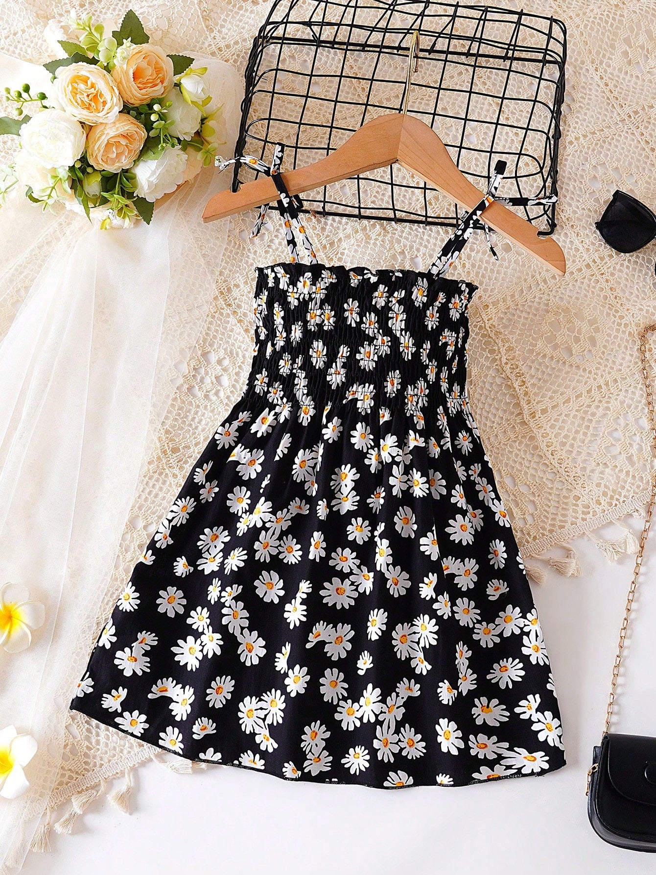 Girls Daisy Print Shirred Cami Sundress - Onyx