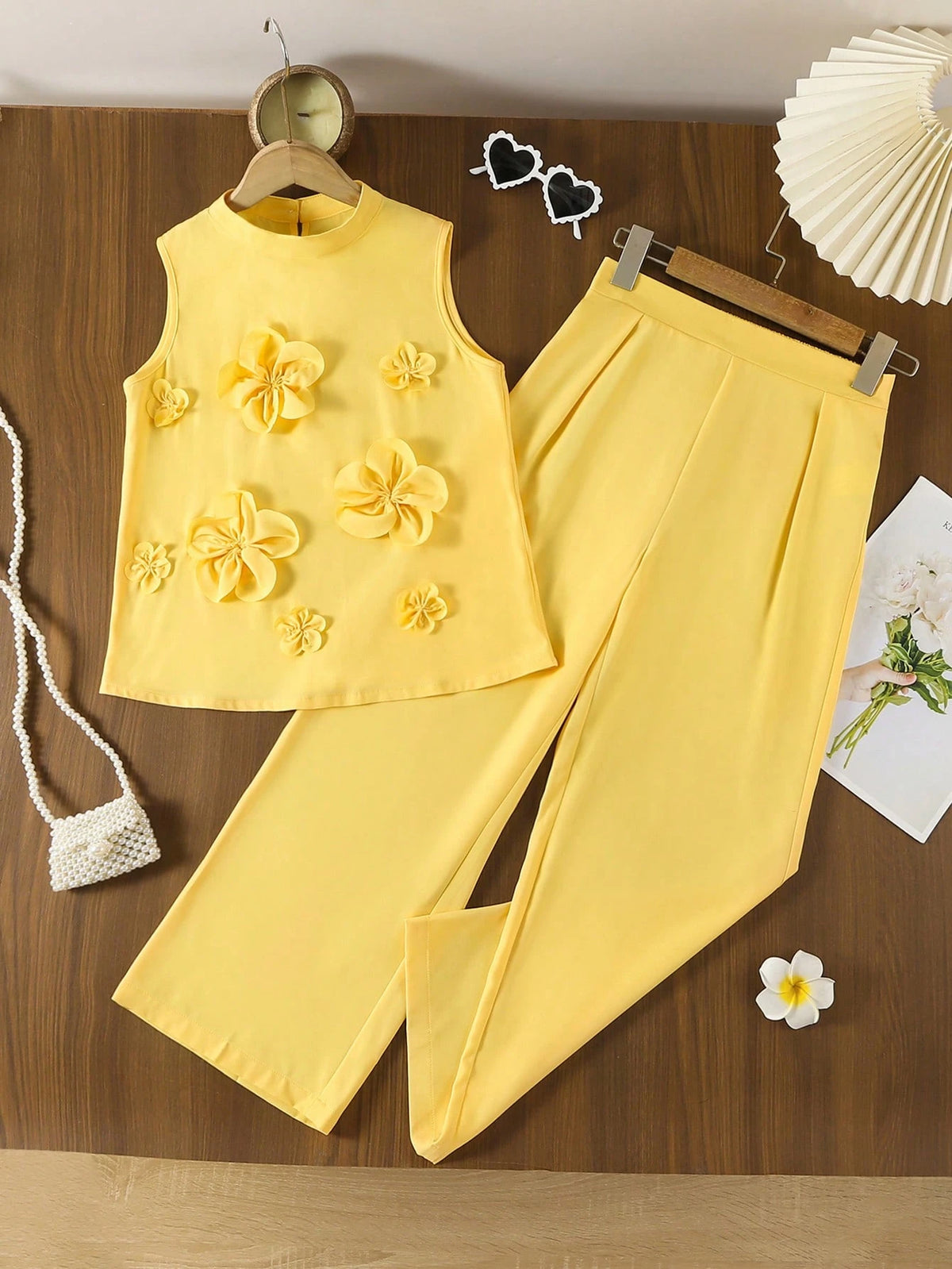 2pcs Girls 3D Floral Appliqué Top & Wide-Leg Pants Set - Buttercup ...