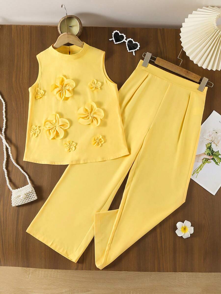 2pcs Girls 3D Floral Appliqué Top & Wide-Leg Pants Set - Buttercup ...