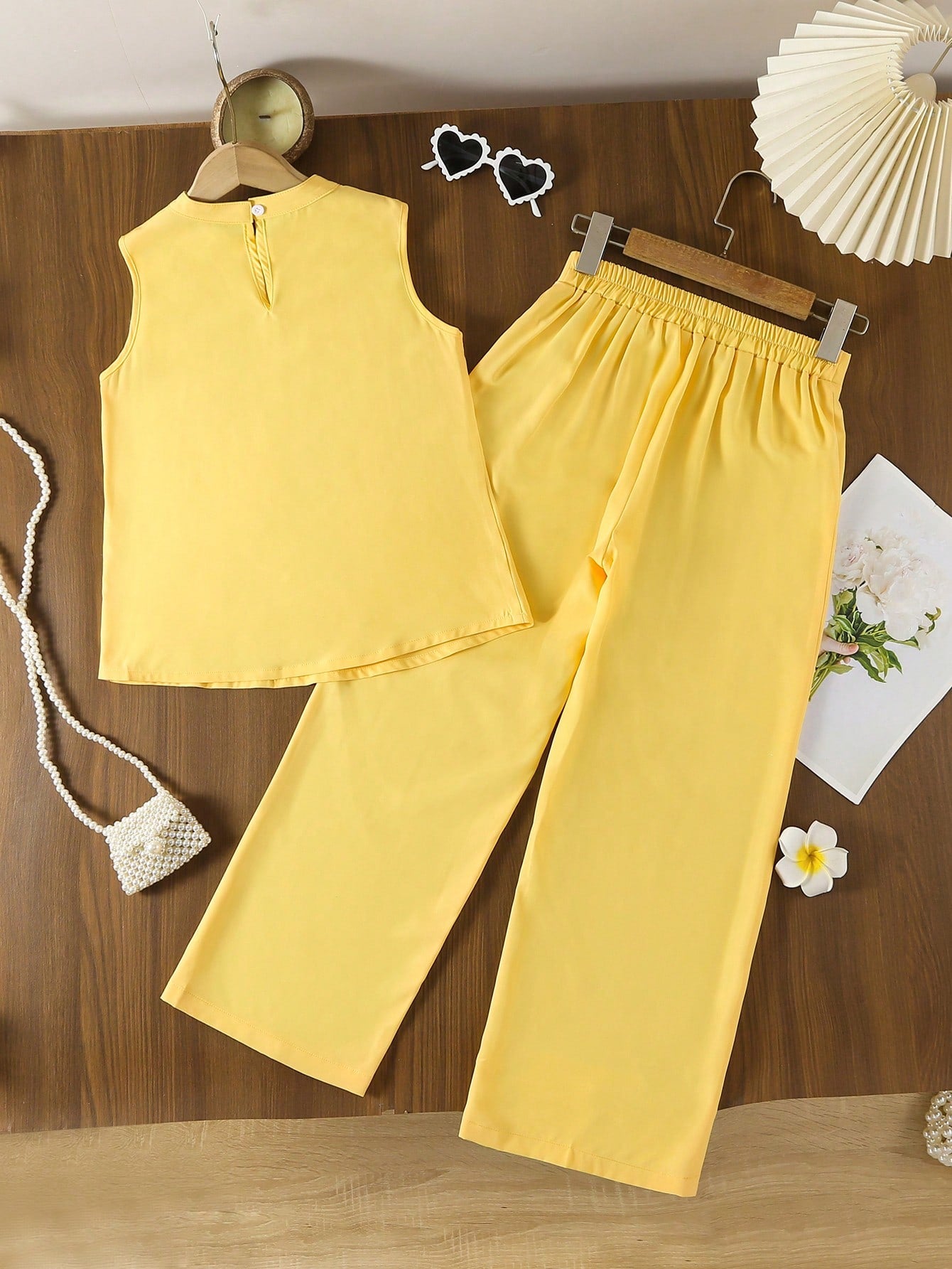 2pcs Girls 3D Floral Appliqué Top & Wide-Leg Pants Set - Buttercup ...