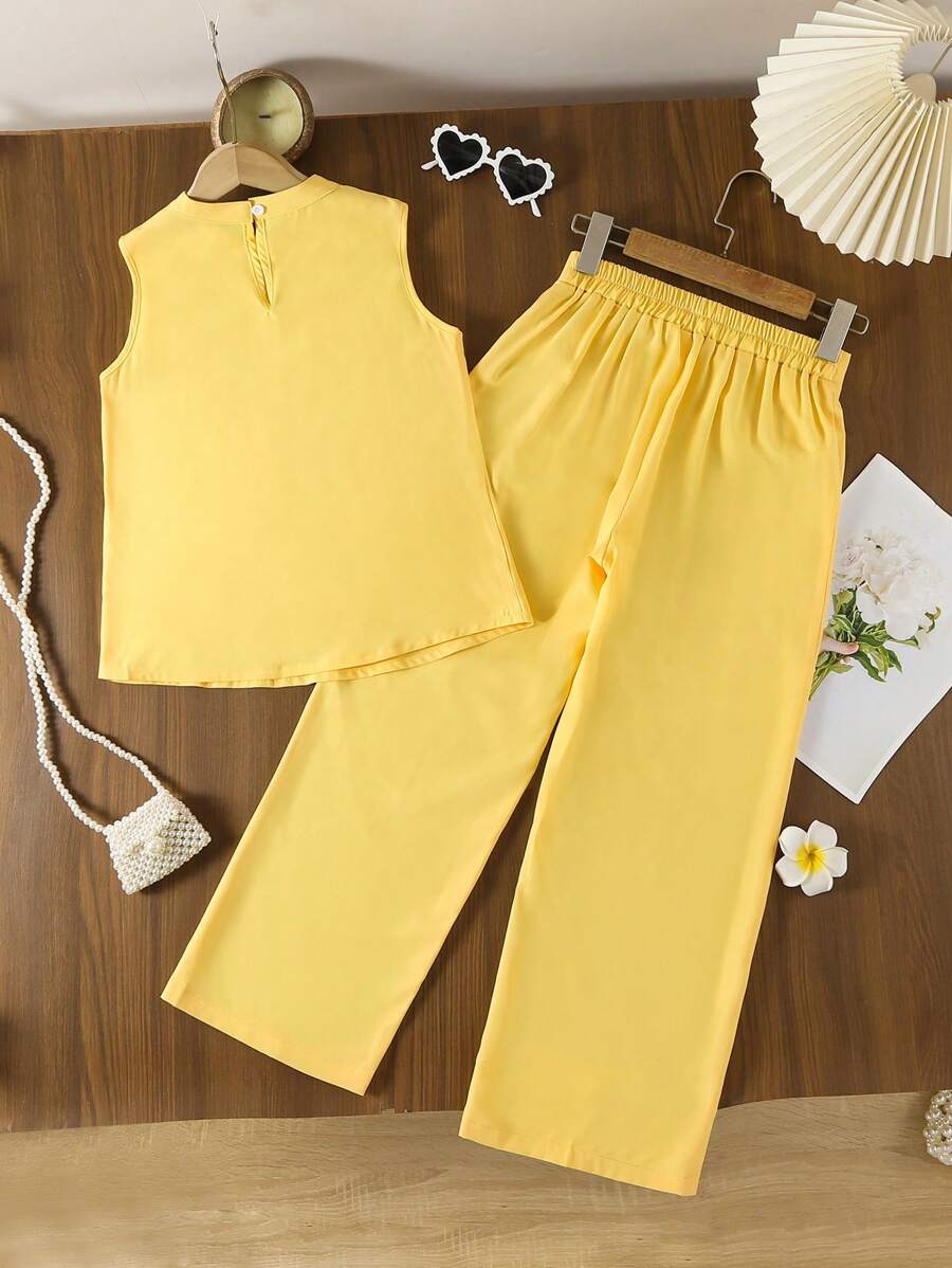 2pcs Girls 3D Floral Appliqué Top & Wide-Leg Pants Set - Buttercup ...
