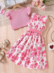 2pcs Girls Pearl-Trim Ribbed Top & Rose Print Dress Set - Ivory | 2...