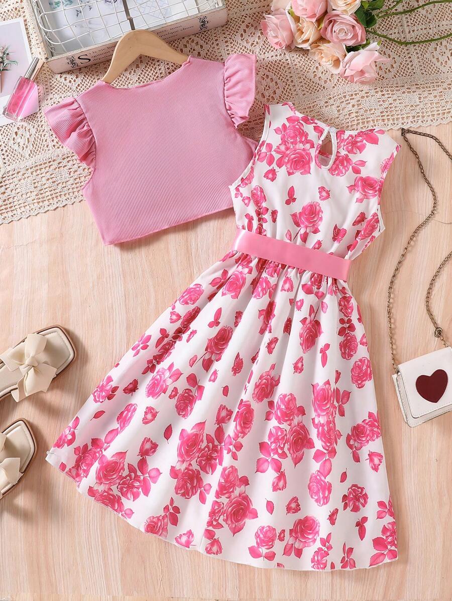 2pcs Girls Pearl-Trim Ribbed Top & Rose Print Dress Set - Ivory | 2...