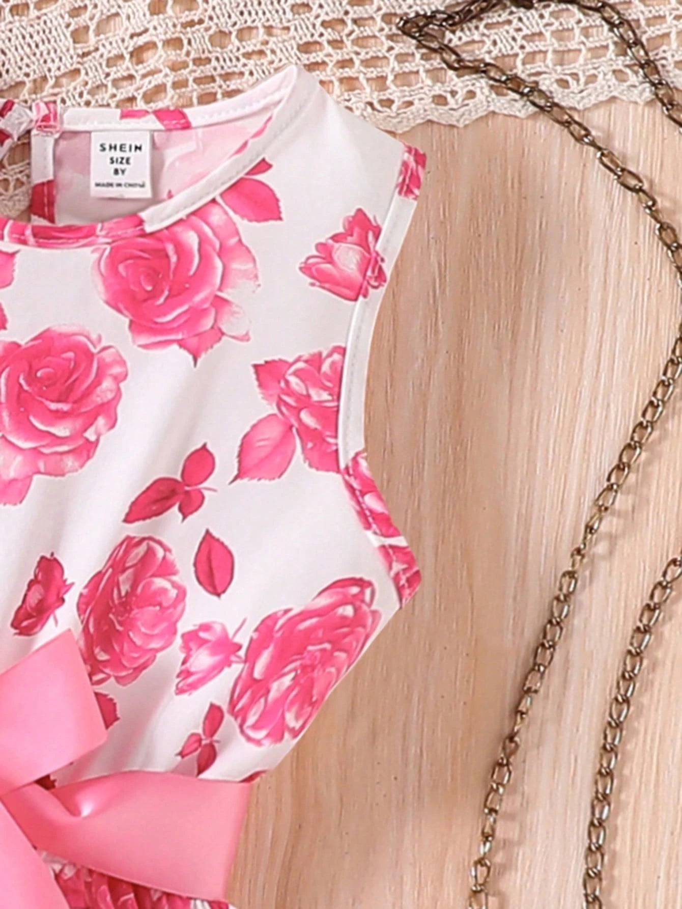 2pcs Girls Pearl-Trim Ribbed Top & Rose Print Dress Set - Ivory | 2...