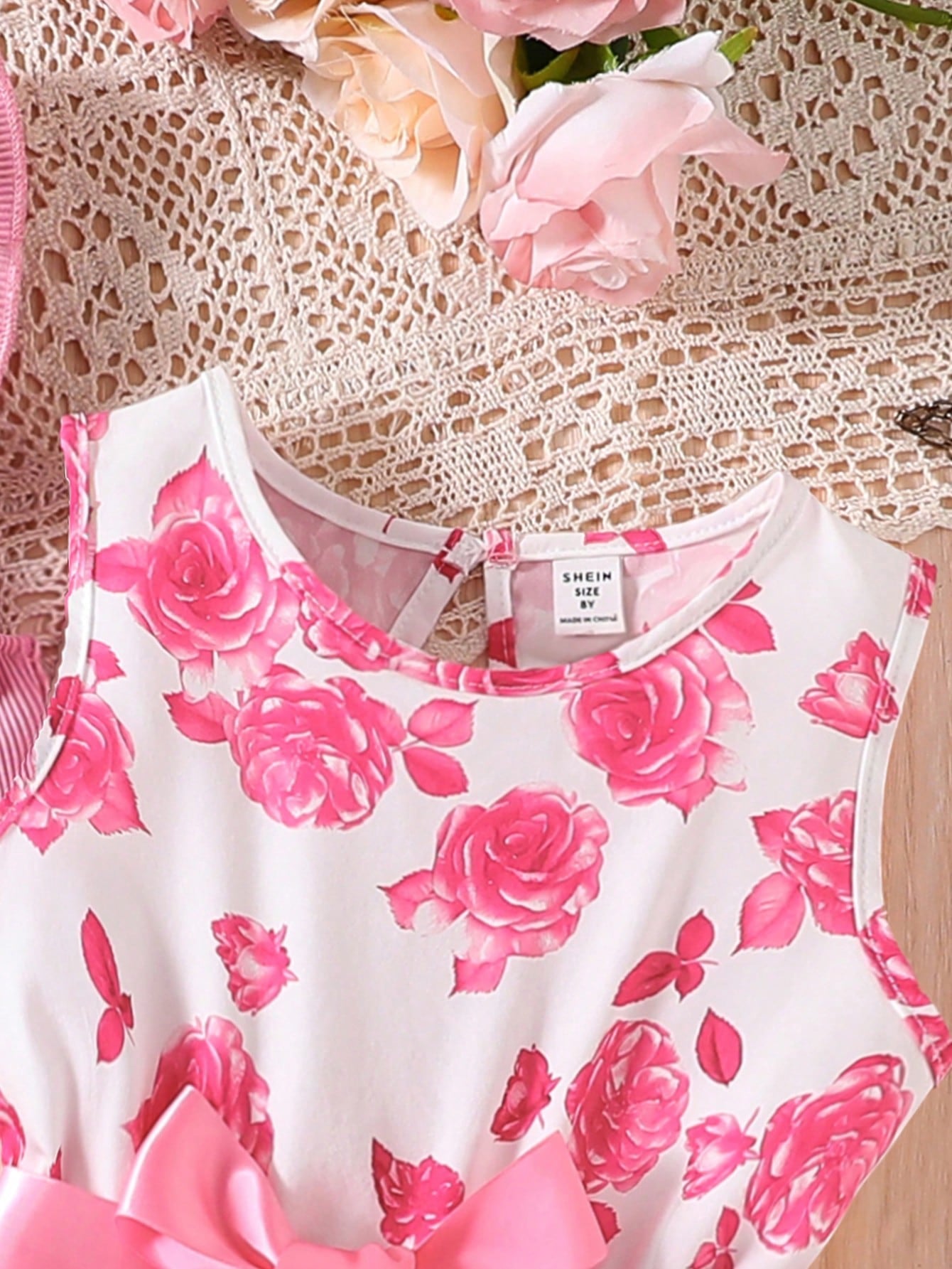 2pcs Girls Pearl-Trim Ribbed Top & Rose Print Dress Set - Ivory | 2...