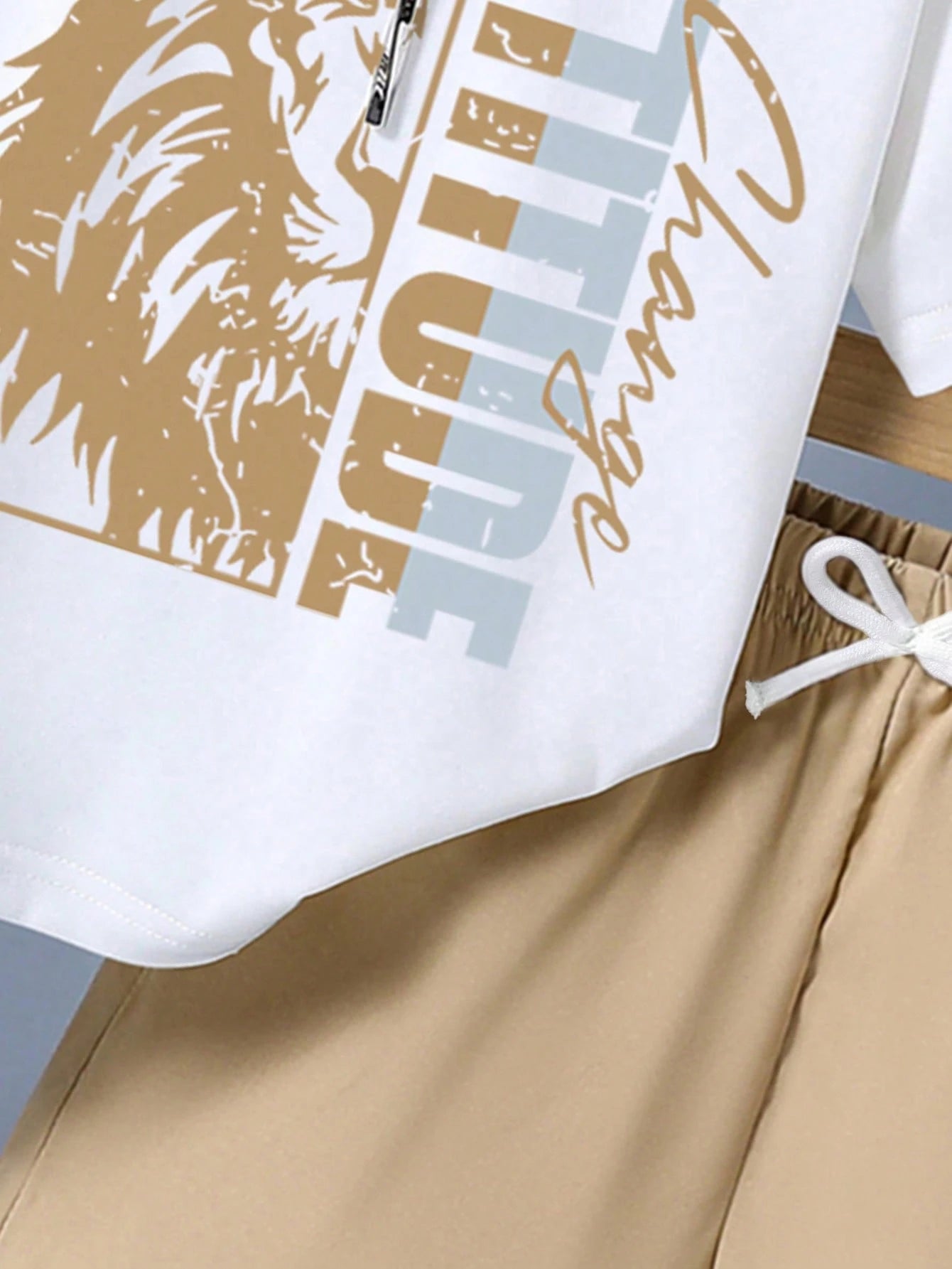 2pcs Big Boys Lion Graphic Tee & Drawstring Shorts Set - Ivory | 21...