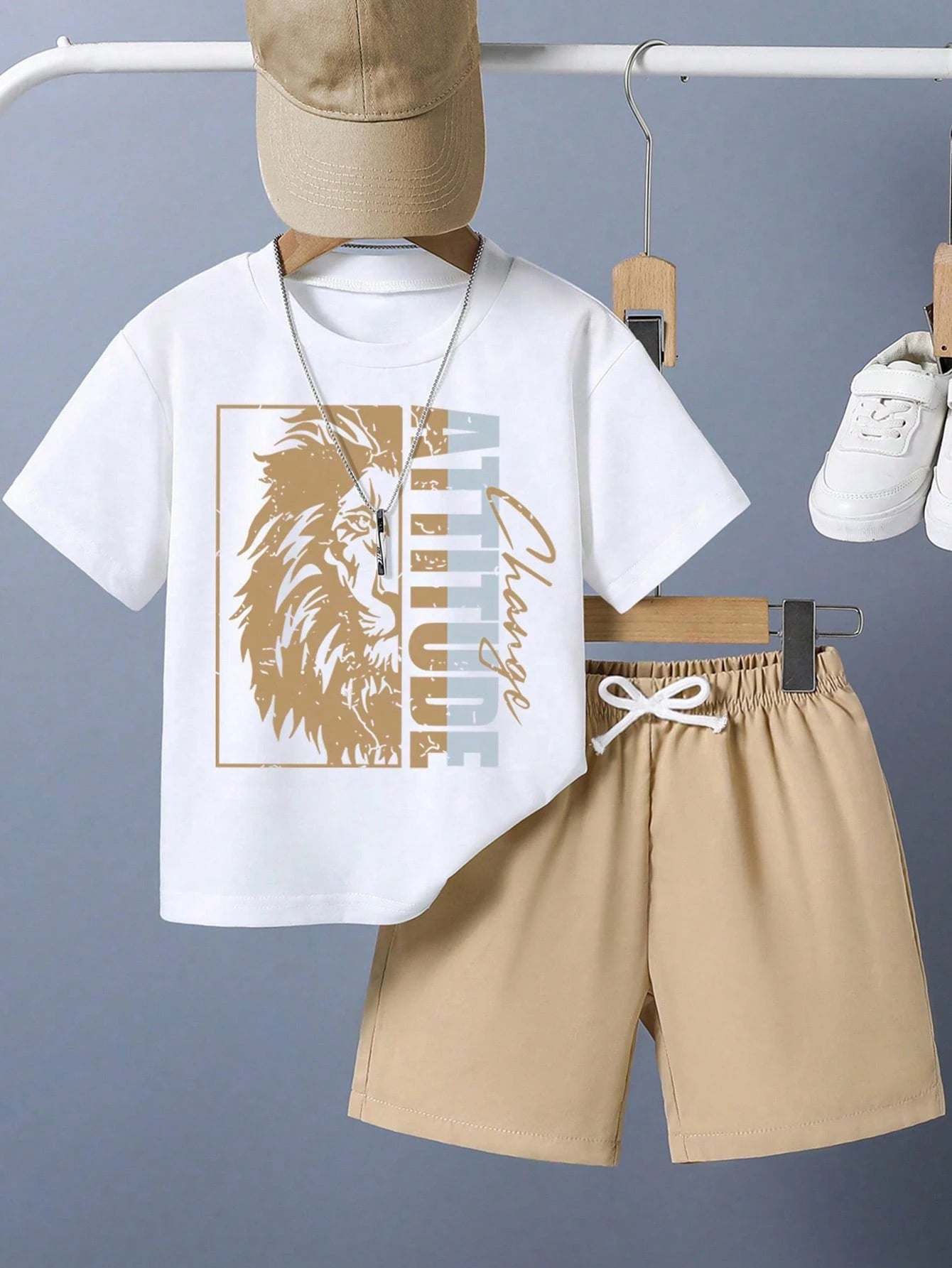 2pcs Big Boys Lion Graphic Tee & Drawstring Shorts Set - Ivory | 21...