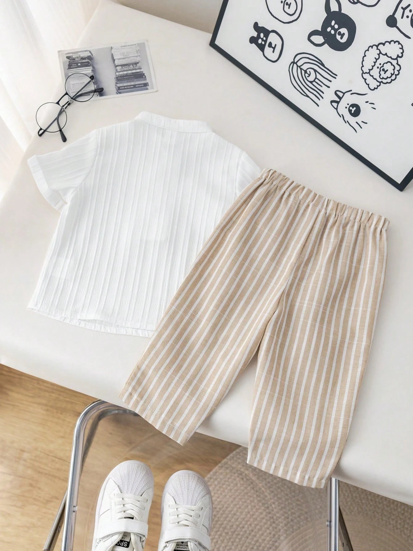 2pcs Boys Stand Collar Shirt & Striped Trousers Set - Ivory