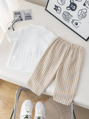 2pcs Boys Stand Collar Shirt & Striped Trousers Set - Ivory