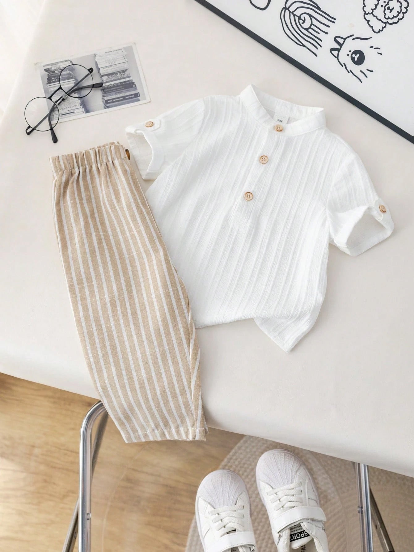 2pcs Boys Stand Collar Shirt & Striped Trousers Set - Ivory