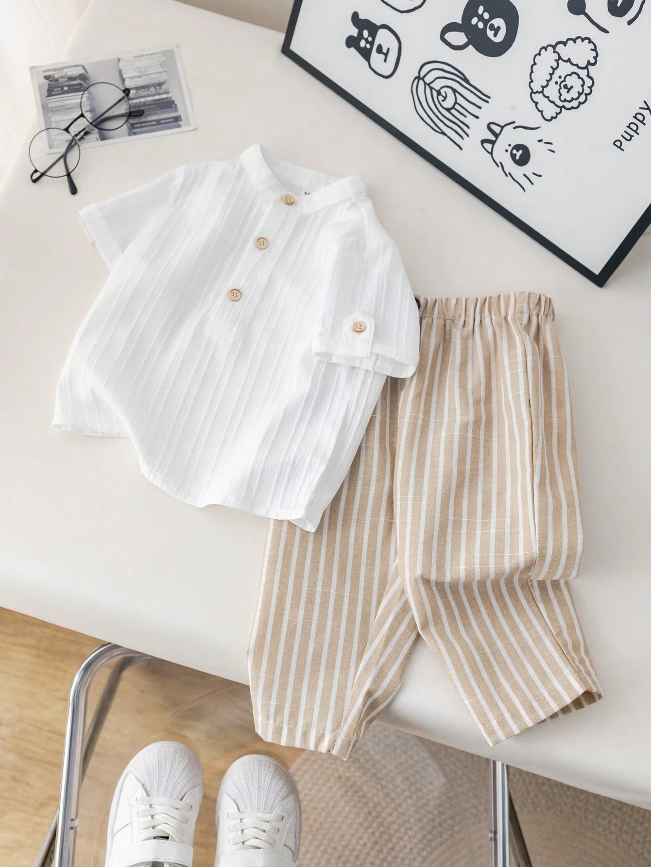 2pcs Boys Stand Collar Shirt & Striped Trousers Set - Ivory