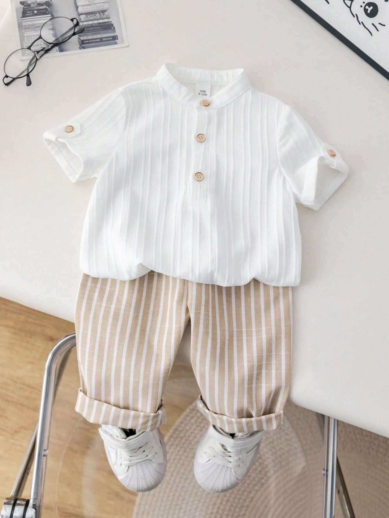 2pcs Boys Stand Collar Shirt & Striped Trousers Set - Ivory