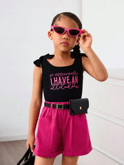 2pcs Little Girls Ribbed Bow-Shoulder Slogan Top & Shorts Set - Onyx