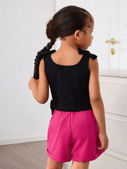2pcs Little Girls Ribbed Bow-Shoulder Slogan Top & Shorts Set - Onyx
