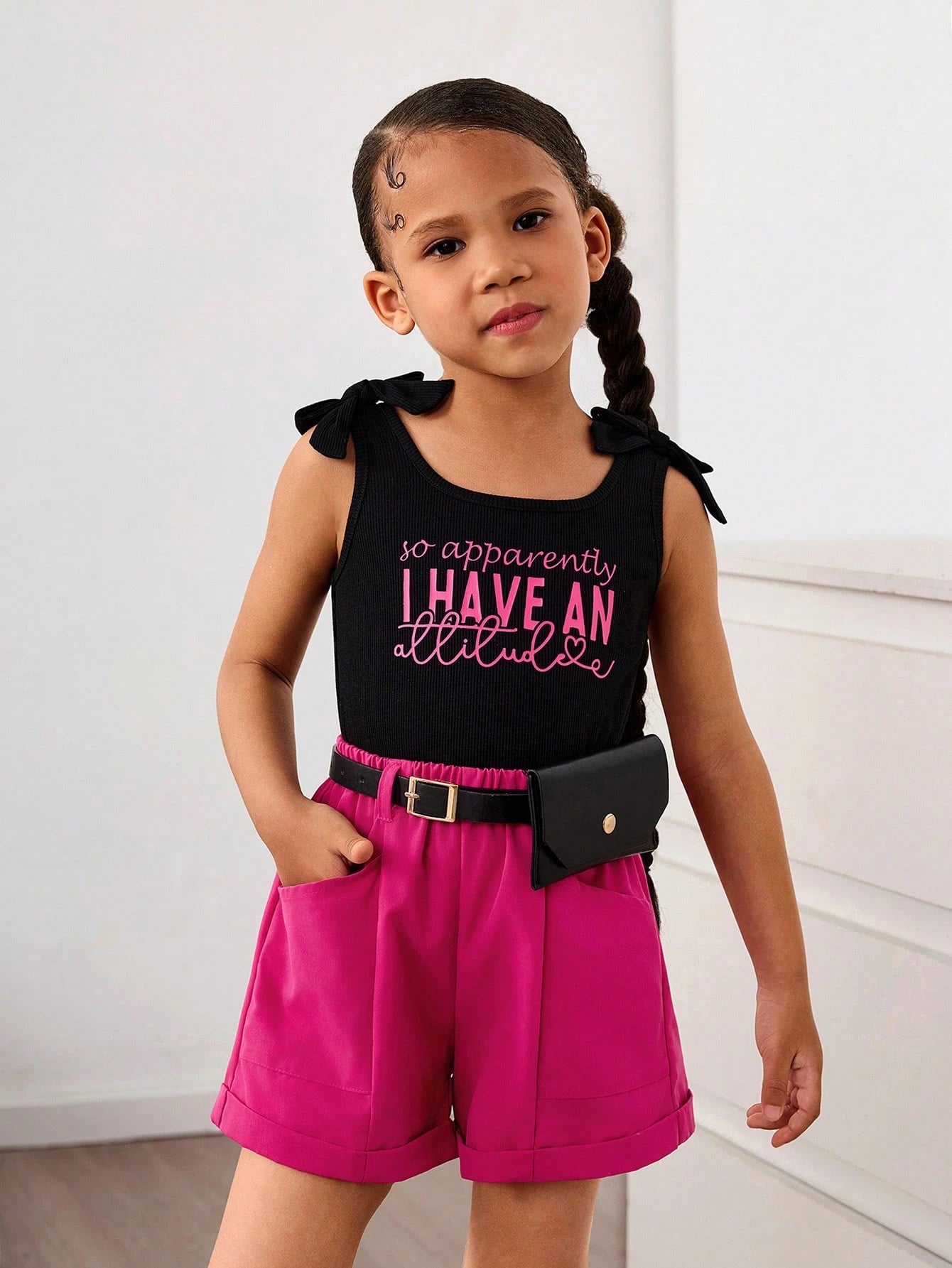 2pcs Little Girls Ribbed Bow-Shoulder Slogan Top & Shorts Set - Onyx