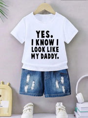 2pcs Boys 'Look Like My Daddy' Slogan Tee & Denim Shorts Set - Ivor...