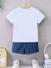 2pcs Boys 'Look Like My Daddy' Slogan Tee & Denim Shorts Set - Ivor...