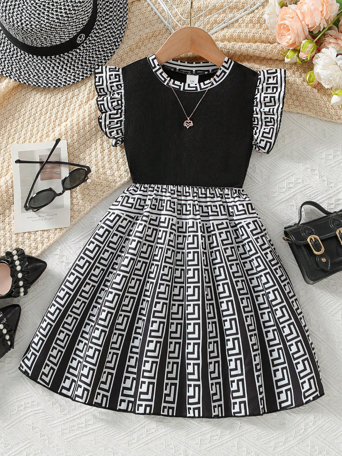 Little Girls Greek Key Pleated Flounce Sleeve Dress - Onyx