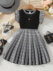 Little Girls Greek Key Pleated Flounce Sleeve Dress - Onyx