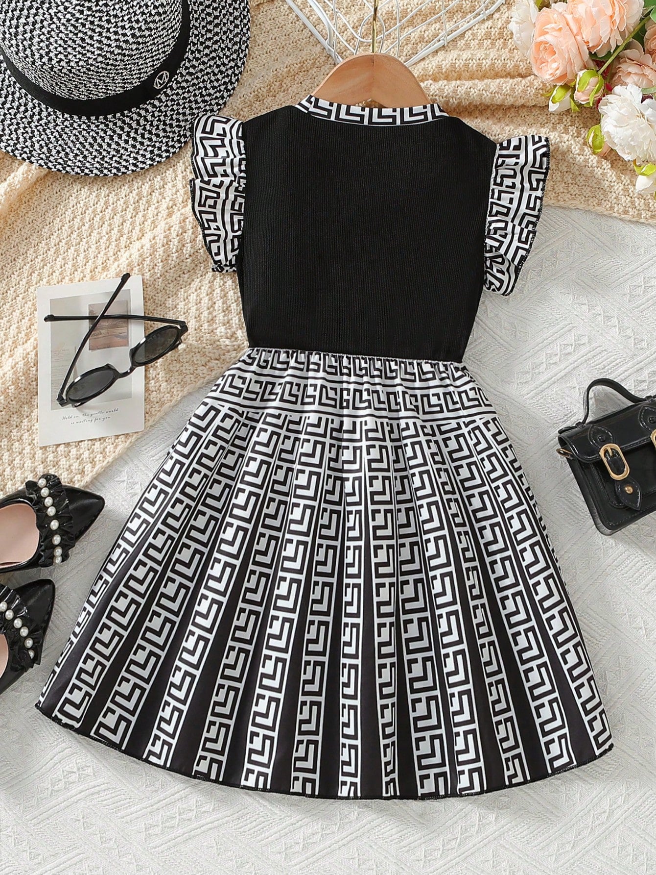 Little Girls Greek Key Pleated Flounce Sleeve Dress - Onyx