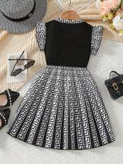 Little Girls Greek Key Pleated Flounce Sleeve Dress - Onyx
