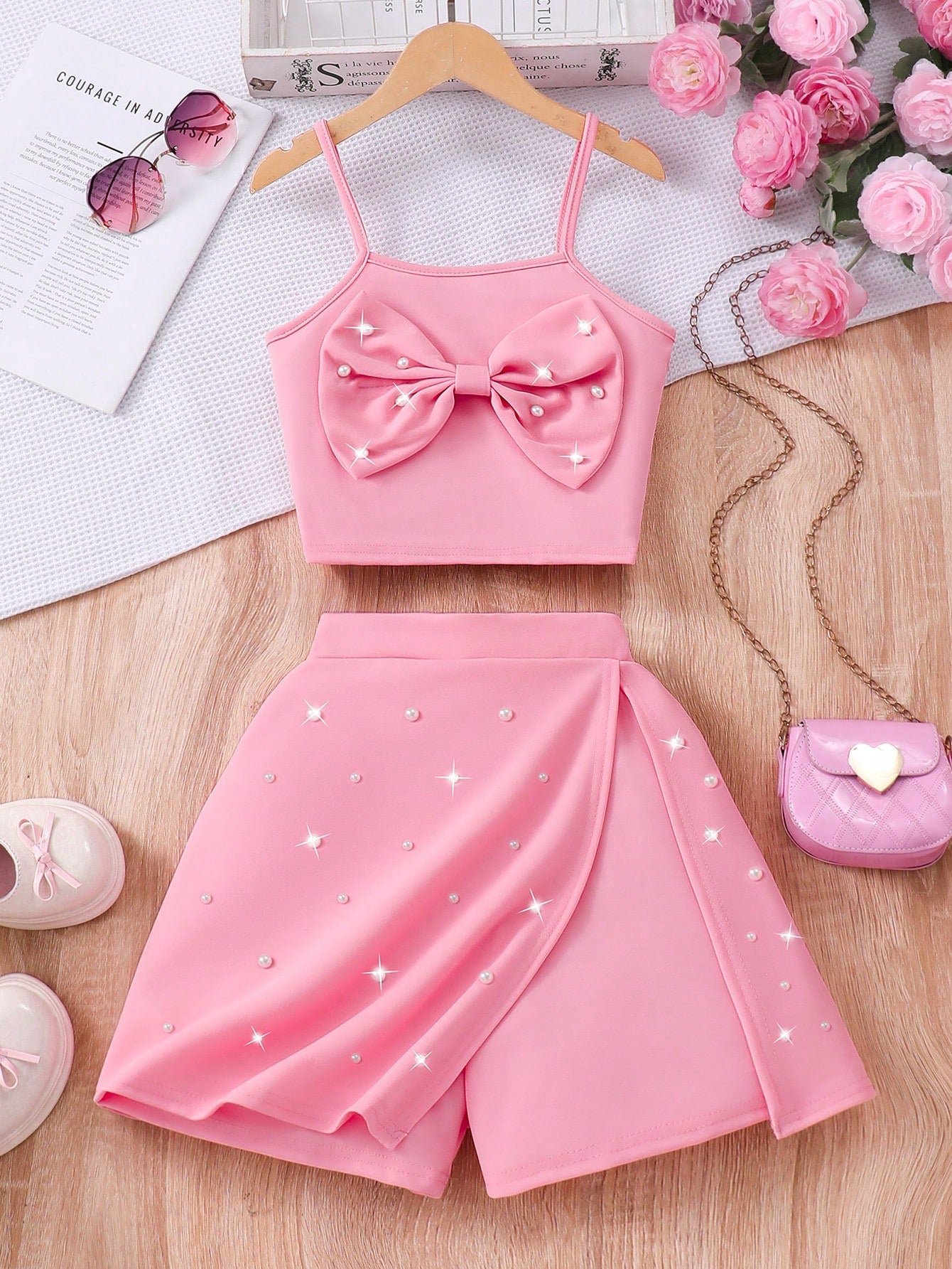 2pcs Big Girls Pearl Bow Camisole Top & Shorts Set - Flamingo | 21 ...