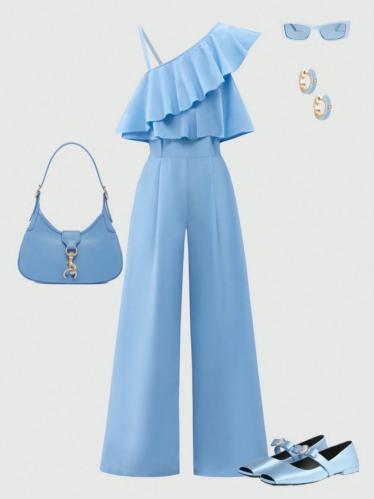 2pcs Big Girls Ruffle One-Shoulder Jumpsuit & Wide-Leg Pants - Peri...