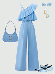 2pcs Big Girls Ruffle One-Shoulder Jumpsuit & Wide-Leg Pants - Peri...